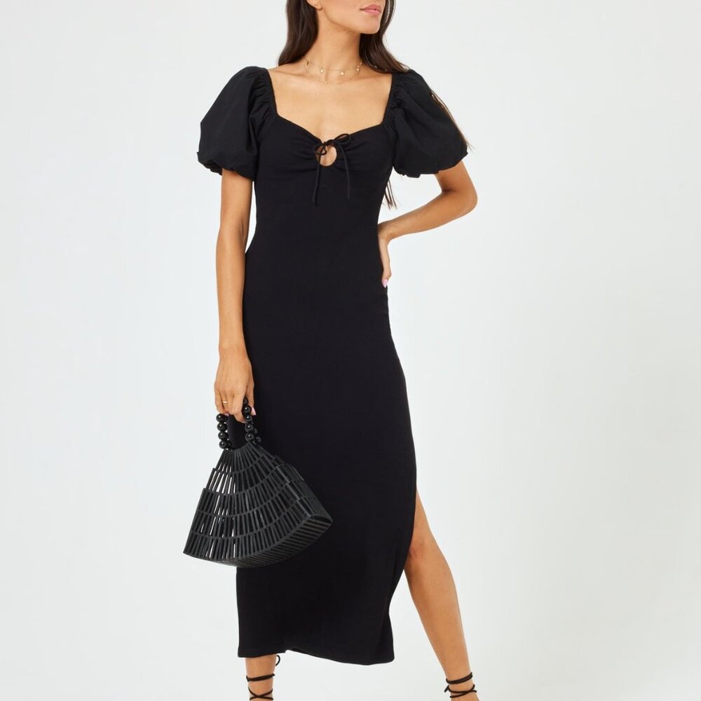 New LSPACE Chelsea Dress in Black midi puff sleeve knit